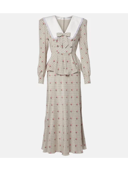 Rochie maxi Alessandra Rich de mătase cu model floral de costum gri