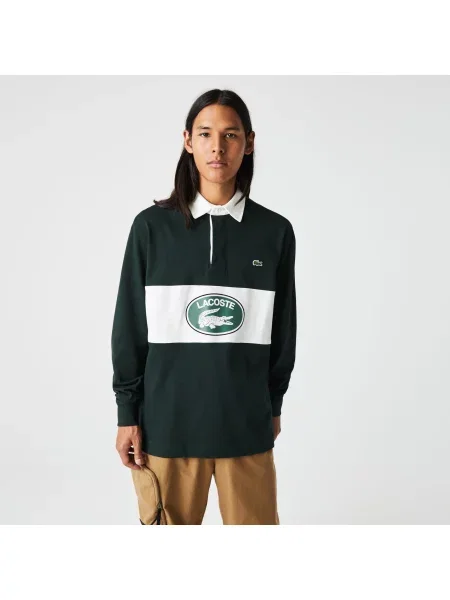 Lacoste Koszulka Rugby Z Długim Rękawem Z Nadrukiem Relaxed Fit zielona