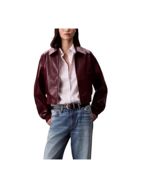 Kurtka jeansowa Calvin Klein Jeans o krotszym kroju skórzana bordowa