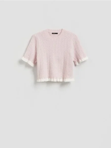 Reserved Sveter s vrkočovým vzorom pastelová ružová