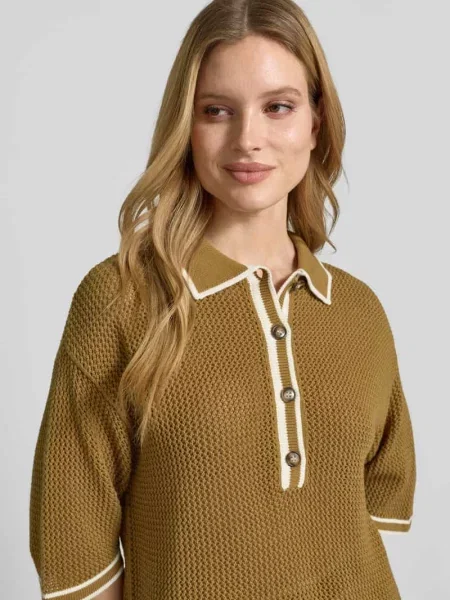 Koszulka z dzianiny z kołnierzykiem polo i listwą guzikową Style Icon Collection oliwkowa