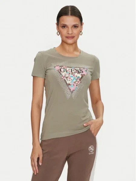 Guess Tricou Cherry Flower Verde kaki