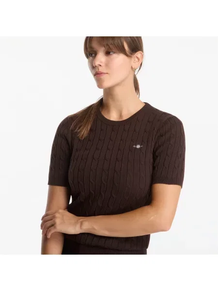 Пуловер Gant Stretch Cotton Cable Ss C-Neck Dark Brown XS кафяво