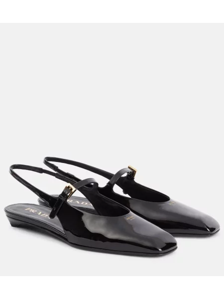 Usnjene lakirane balerinke Prada z odprtimi petami črna