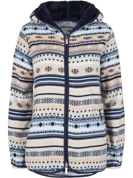 Bluza rozpinana z polaru w norweski wzór z kapturem beżowa
