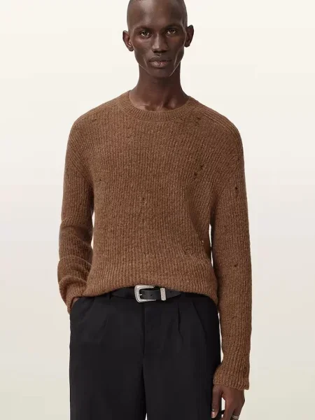 AllSaints sweter z dodatkiem wełny brązowy