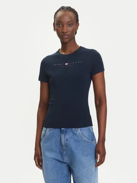 Tommy Jeans Marškinėliai Linear Tamsiai Slim Fit mėlyna