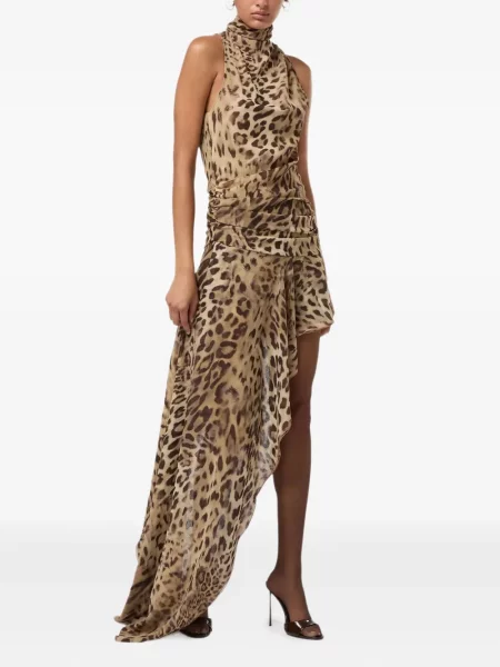 Rochie The Andamane cu imagine cu model leopard asimetrică maro