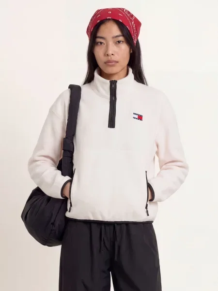 Tommy Jeans Sweter Typu Troyer Z Futerkiem Typu Teddy weiss czarny