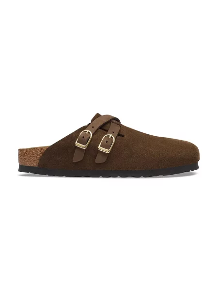 Papuci Birkenstock din piele cu cataramă maro