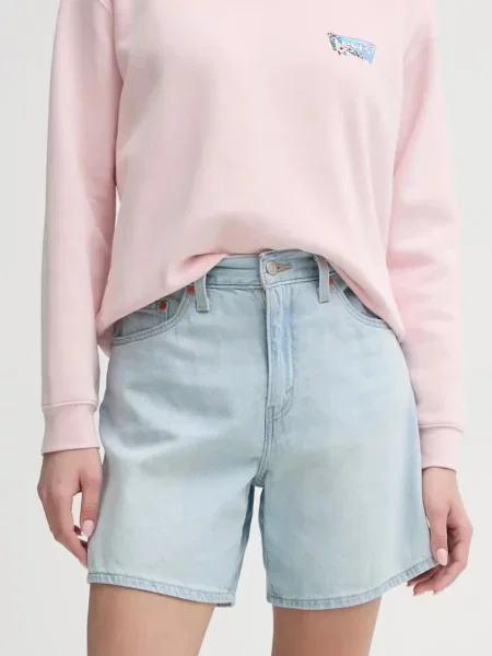 Дънков къс панталон Levi's HIGH BAGGY SHORT синьо с изчистен дизайн с висока талия светлосиньо