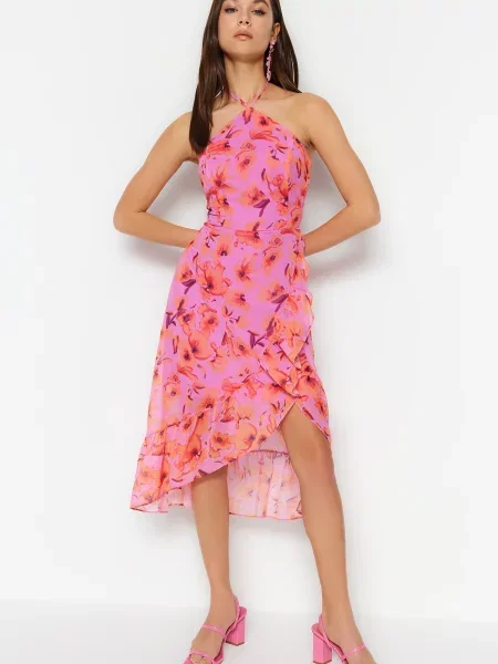 Sukienka midi Trendyol asymetryczna różowa