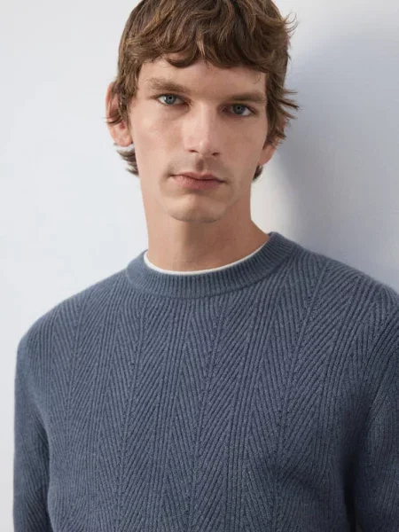 Sweter z dzianiny w jodełkę indygo Mężczyzna XXL MANGO MAN niebieski