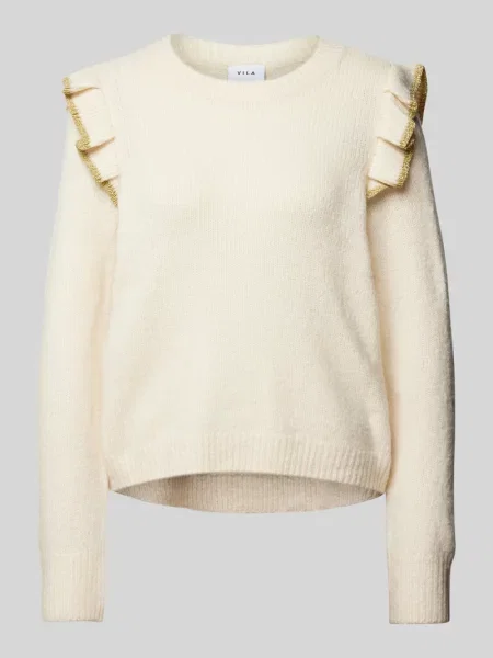 Sweter z dzianiny z falbanami model ‘NANZYL’ Vila beżowy
