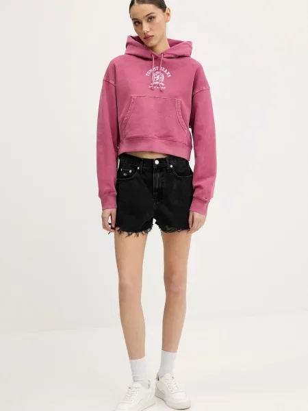 Bombažen pulover Tommy Jeans s kapuco roza