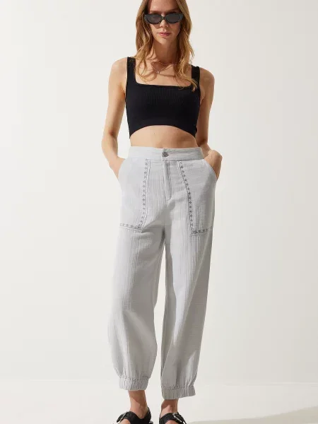Pantaloni Happiness İstanbul cu broderie din muselină gri