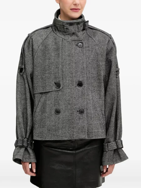 Palton Gestuz cu model herringbone cu două rânduri de nasturi gri