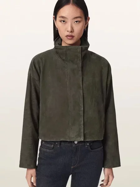 AllSaints jachetă scurtă pentru femei din piele verde