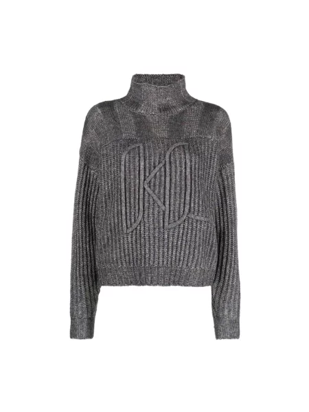Sweter z golfem Karl Lagerfeld wełniany z logo do golfa szary