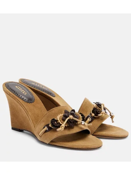 Papuci tip mules Isabel Marant din piele de căprioară cu pană maro