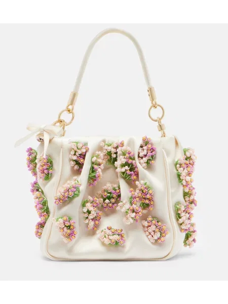 Geantă shopper Self-portrait din satin cu model floral alb