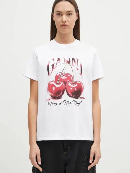 GANNI tricou din Basic Jersey Cherry femei alb