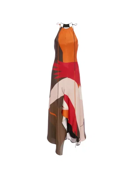 Rochie midi Victoria Beckham cu imagine cu imprimeu abstract cu gât halter maro