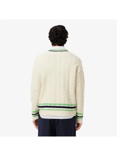 Lacoste Wełniany Sweter W Splot Warkoczowy Z Dekoltem W Szpic biały