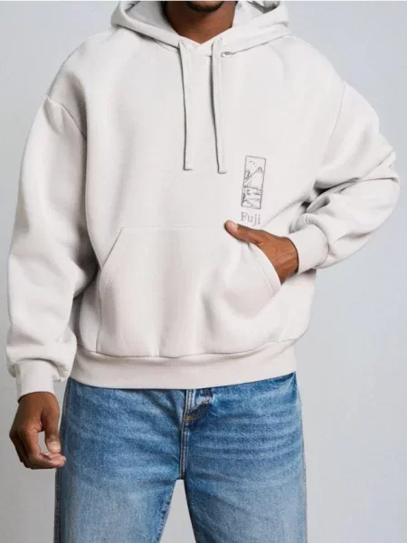 Sinsay Bluza z kapturem Comfort Fit z haftem kremowy