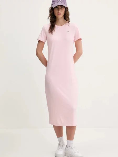 Tommy Jeans rochie midi evazati roz