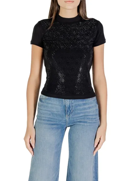 T-shirt o kroju slim fit z obszyciem kamieniami stras na całej powierzchni Guess czarna