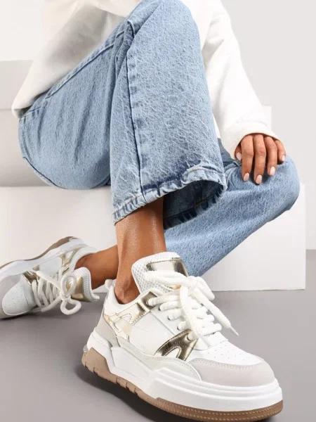 Sneakerși Casual Platforma Alb-Aurii cu Șiret și Element Transparent Spate Gamarie alb