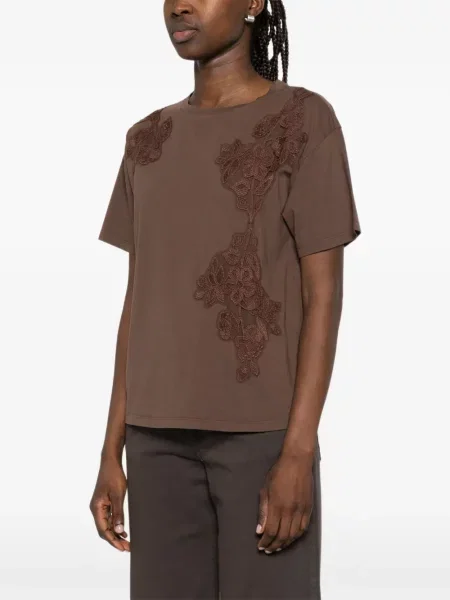 Koszulka Ermanno Firenze w kwiatki z naszywkami brązowa