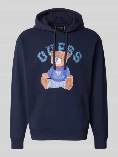 Bluza z kapturem z nadrukiem z logo i kieszenią kangurka Guess niebieska