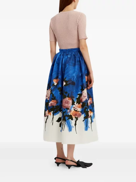 Fustă midi Erdem cu model floral până la genunchi albastru