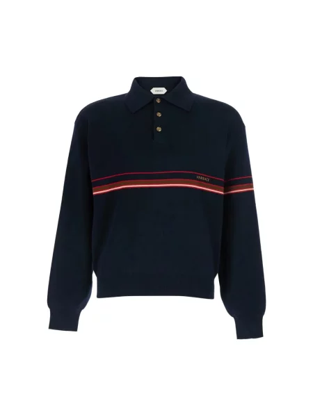 Dzianinowy sweter Versace z logo niebieski
