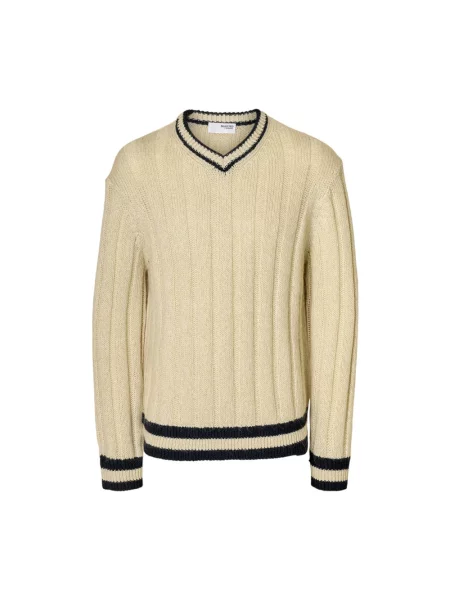 Sweter o kroju relaxed fit z dzianiny z dodatkiem wełny model ‘ROY’ Selected Homme beżowy
