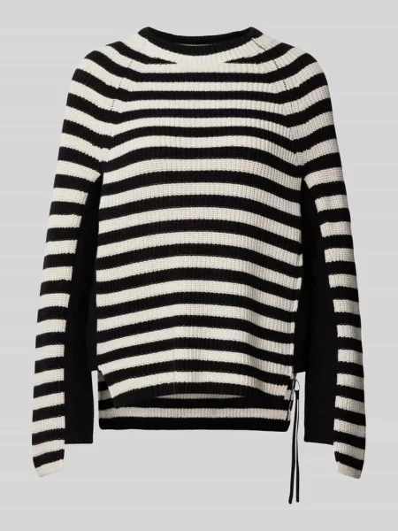 Sweter z dzianiny z prążkowanym okrągłym dekoltem Oui czarny
