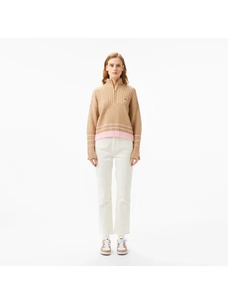 Lacoste Regular Fit Sweter Z Pół-Zamkiem I Blokami Kolorów beżowy