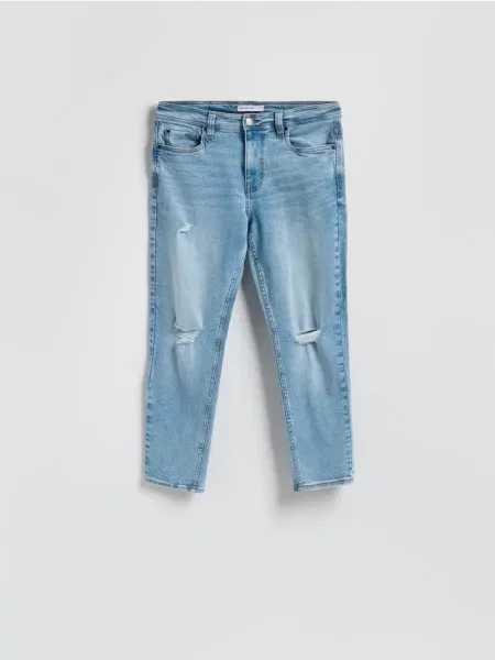 Reserved Jeansy carrot slim z przetarciami niebieski