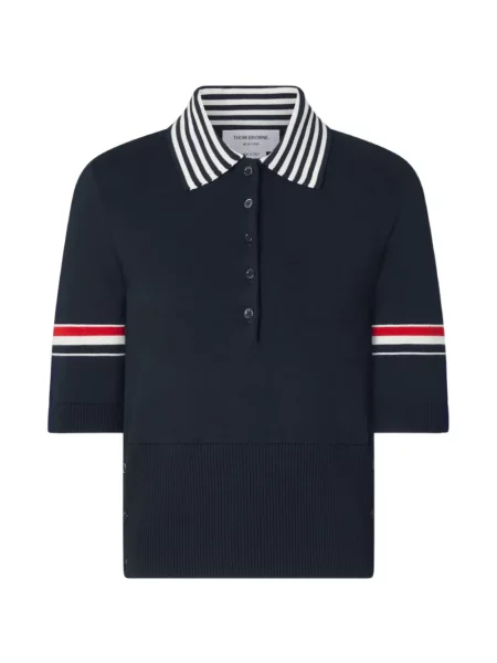 Tricou polo Thom Browne cu dungi din jacard albastru