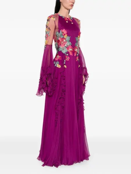 Sukienka Costarellos w kwiatki z falbankami garniturowa fioletowa