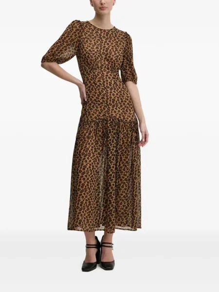 Sukienka midi Never Fully Dressed z nadrukiem w panterkę do kolan brązowa