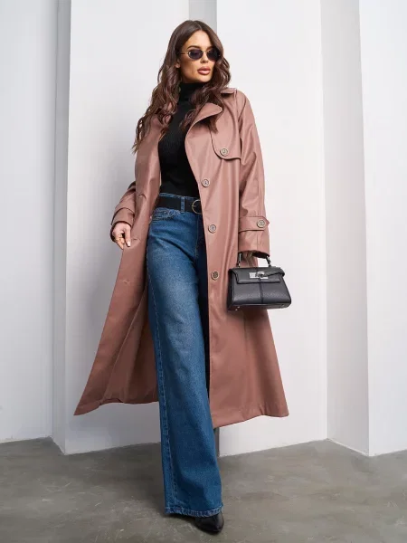 Тренч ISSA Plus екошкіра коричневий