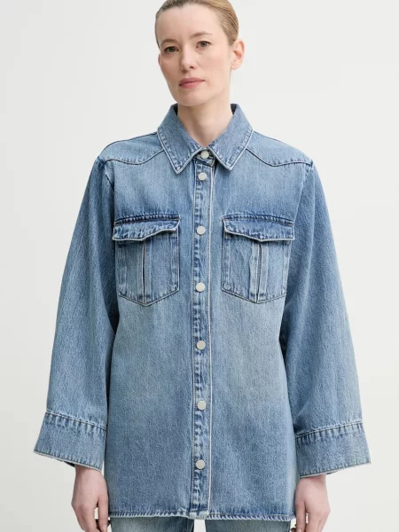 Gestuz camasa jeans femei cu guler clasic relaxed albastru