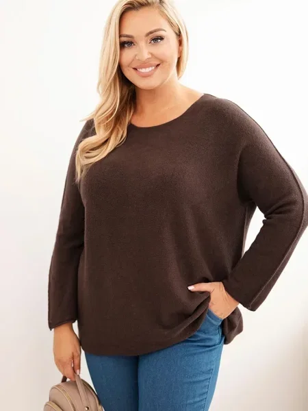 Kesi Włoski Dámsky sveter plus size s lodičkovým výstrihom hnedý