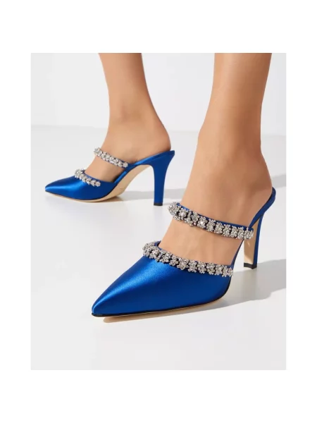Satynowe klapki mules Manolo Blahnik niebieskie
