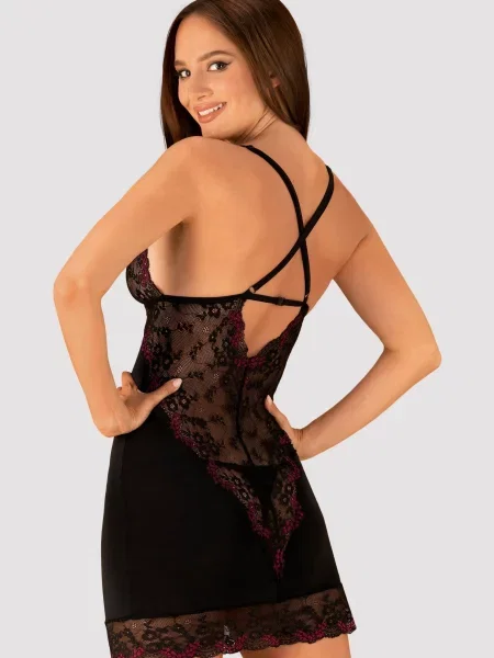 Эротическая сорочка с трусиками стринг Комплект_Obsessive_Vanessme_chemise чорна