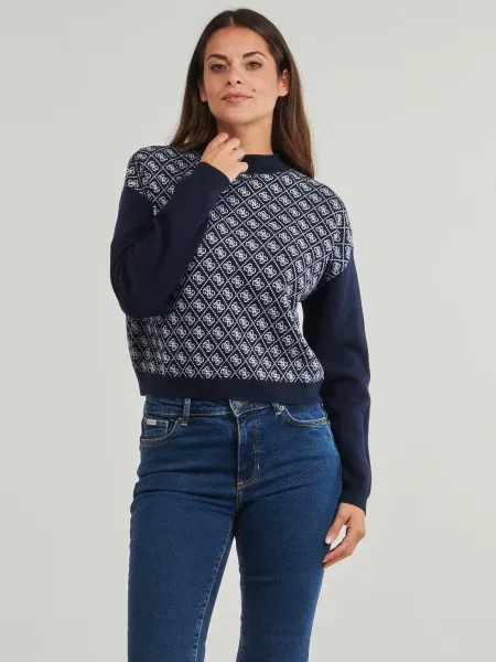 Pulover Guess de lână cu guler înalt albastru