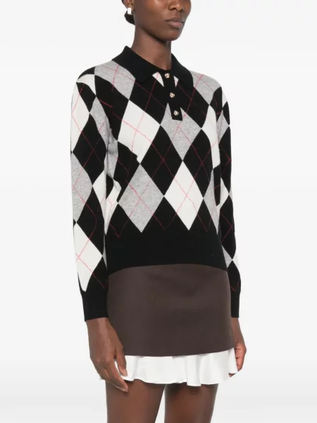 Tricou polo Sandro de lână cu model argyle negru